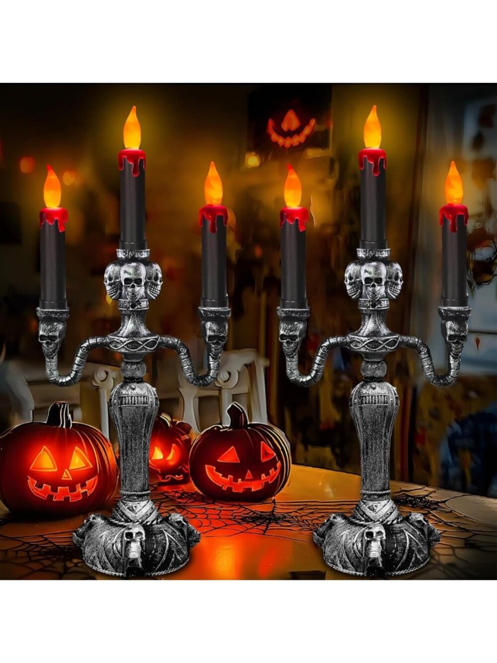 Extra Large 2-Pack LED Flameless Candelabra Halloween Candle Holders - Spooky